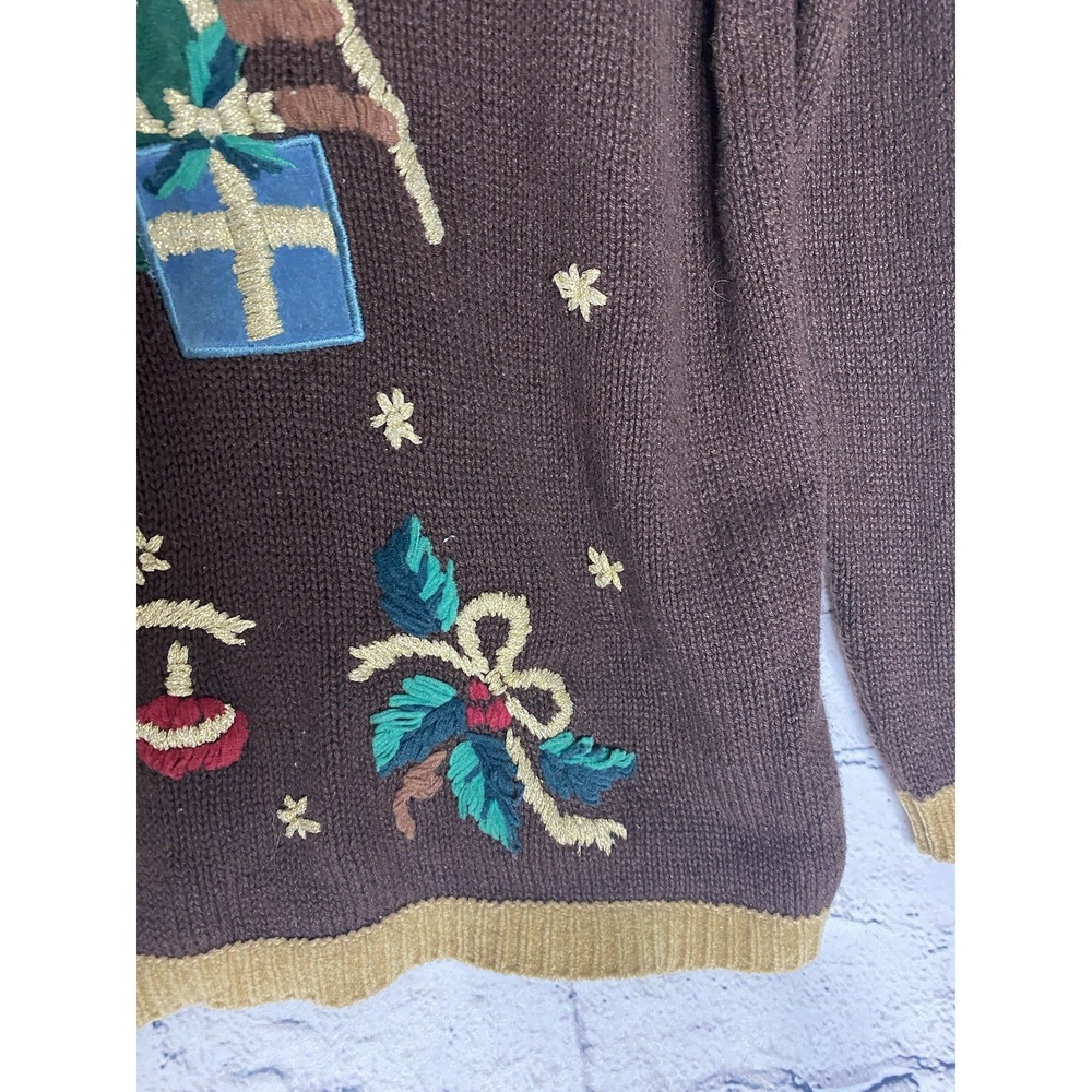 Vtg Nutcracker Brown Embroidered Ugly Christmas Tree Bear Sweater Women's LARGE - Picture 7 of 12
